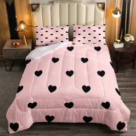 Girls Comforter Set Full Size Cute Heart Pattern Bedding Set Lovely Pink Black Down Comforter Cartoon Geometric Soft Quilt Set Girly Kawaii Bedroom Decor Gift Modern Duvet Set with 2 Pillowcases