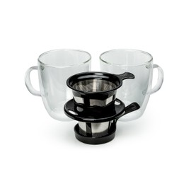 Java Concepts Pour Over Filter and 2 Double-Wall Glass, Black with 2 Mugs