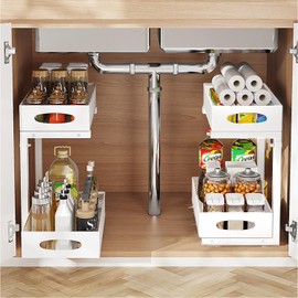 IUI Under Sink Organizers and Storage, 2-Tier Metal Put Out Cabinet Organizer and Storage, Multi-Use Stainless Steel Sliding Shelf Bathroom Cabinet Organizer for Kitchen, Bathroom, Desk, etc(2 Pack)