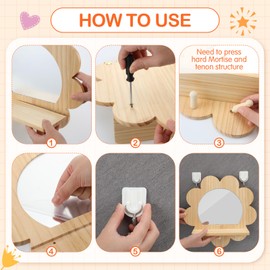 GlikCeil 1 Set Wooden and Acrylic Wall Mirror for Toddlers, Entryway Mirror with Hooks and Shelf Organizer, Kids Safety Unbreakable Self Care Station for Classroom Bathroom (Flower Style)