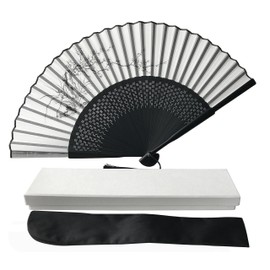 FANSOF.FANS Ink Art Handheld Folding Fan with a Handcrafted Box Fabric Pouch for Women Girls Black and White with Silver Touch Up Durable Folding Fabric Hand Fan (Sakura Flowers)