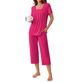 Ekouaer Pajama Set for Women Short Sleeve Top with Capri Pants Pjs 2 Piece O Neck Loungewear Soft Sleepwear with Pockets Rose Red Small