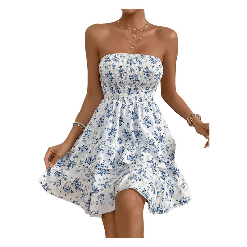 WDIRARA Women's Floral Print Ruffle Hem Tiered Layer Backless Shirred
