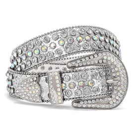 WHIPPY Women Rhinestones Leather Belts Bling Studded Western Cowgirl Waist Belt for Jeans Pants with Removable Buckle, Silver Sequin, L