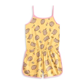 Pusheen the Cat Girls Yellow Sleeveless Playsuit | Cartoon Character Pattern Casual Wear | Elastic Waistband with Pockets | Round Neck Summer Apparel for Kids - 9-10 Years