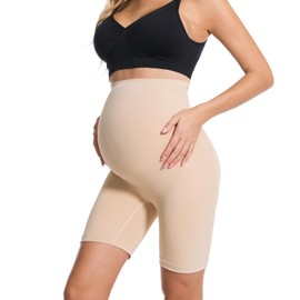 HOFISH Women's Maternity Shapewear Seamless Pregnancy Underwear for Dresses Belly Support High Waisted Panties Shorts Beige L