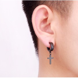 Black Hoop Earrings for Men Boys, Gold Vintage Stainless Steel Cross Drop Dangle Hoop Earrings Hypoallergenic Cartilage Earrings Jewellery Gifts for Graduation Easter Christmas