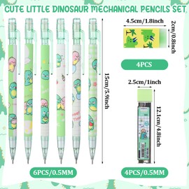 Uoeo Cute Mechanical Pencil Set for Kids- 6pcs Kawaii Dinosaur Mechanical Pencils with 4 Pcs Erasers and 0.5mm Tubes Pencil Refills for Student Writing, Drawing, Sketching, Architecture