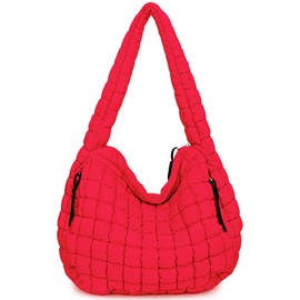 Bagtopia Puffer Tote Bag, Large Quilted Puffer Tote Bag, Lightweight Puffy Quilted Hobo Bag, Soft Padded Shoulder Bag, Puff Purse for Work,Gym,Travel, Red