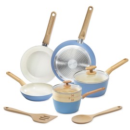 GoodCook 10-Piece Healthy Ceramic Titanium-Infused Cookware Set, Light Blue – Pots, Pans, Steamer, Spoon & Turner – Induction Cookware, Kitchen Pots & Pans Set, Nonstick Cooking Pan Set
