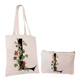 Cotton Shopping Bag and Toiletry Bag Set Letter Print Floral Butterfly Neutral Colour, Natural beige