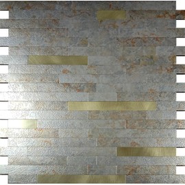 YMMXGE 10-Sheet Peel and Stick Backsplash Stone Marble Tiles, PVC Metal Wall Sticker for Kitchen 9.74 sq .ft (10, Golden Marble+Frosted Golden)
