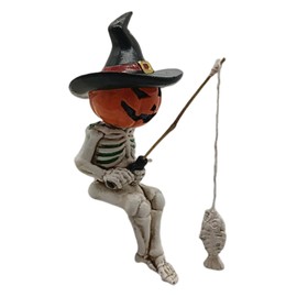 Fishing Skeleton Statue, Mini Skull Figurines, 4.5 Inch Resin Skull Decor with Fishing Rod, Fisher Sculpture for Outdoor