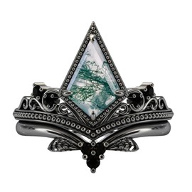 Black Moss Agate Rings Set for Women Sterling Silver Kite Cut Engagement Wedding Ring for Women Wife Vintage Moss Agate Bridal 2 Rings Set Size 4