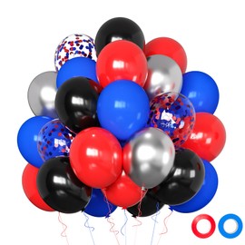Black Red and Blue Balloons, 12 Inch Red Blue Silver Balloons Red Blue Latex Balloons with Red Blue Ribbon Red Blue Theme Balloons for Birthday Baby Shower Graduation Party Decorations