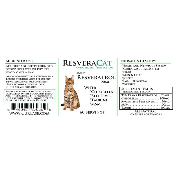 ResveraCat Anti Aging Cat Formula 99% Trans Resveratrol Powder, MSM, Taurine, Chlorella, Beef Liver