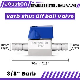 Josaton 3/8” Hose ID Barb Ball Valve 304 Stainless Steel Mini Shut Off Valve for Water Gas Fuel Drip Irrigation and Aquariums, 2PCS with Clamps Kit