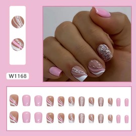 SINSEN Short Press on Nails Square Shape - French Stripes Press on Nails, Glossy Pink Fake Nails with Adhesive Glue Stickers, Full Cover Stick on Nails in 12 Sizes, 24Pcs Short Square False Nail Tips