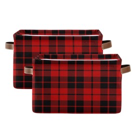 AUUXVA Storage Basket Red Black Christmas Buffalo Plaid Check Storage Cube Box Durable Canvas Collapsible Toy Basket Organizer Bin with Handles for Shelf Closet Bedroom Home Office