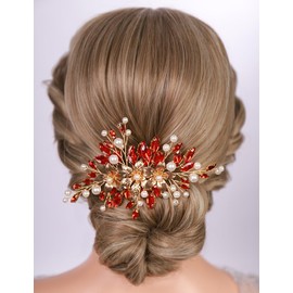 Teyglen Bridal Red Crystal Hair Barrette Rhinestone Wedding Headpiece for Bride Flower Rhinestone Wedding Hair Clips Sparkly Hair Piece Hair Accessories for Women(Red)