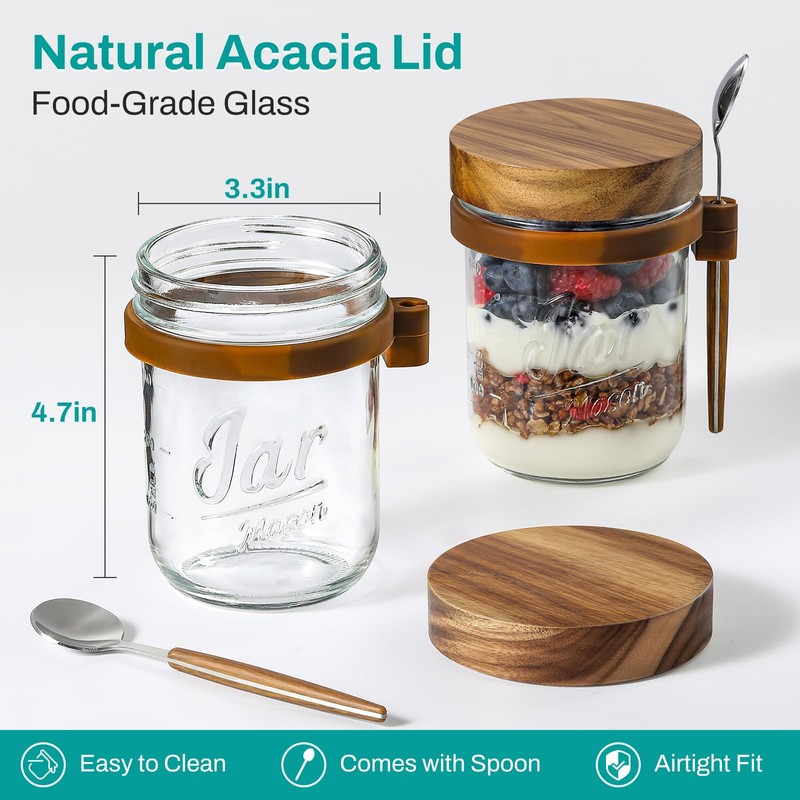 4 Pack Overnight Oats Containers with Wooden Lids and Spoons,