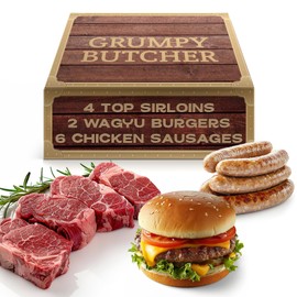 Grumpy Butcher Chef-Crafted Grilling Meats Bundle – 4 Top Sirloin Steaks (6 oz), 2 Wagyu Beef Hamburger Patties (½ lb each) & 6 Chicken Sausages (4.6 lb total) – Frozen Gourmet BBQ Sampler Gift Box for Holiday