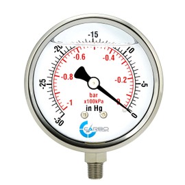 CARBO Instruments Medidor de presión de 4 pulgadas, caja de acero inoxidable, conexión de latón chapado en cromo, relleno Lqiuid, aspiradora -30 Hg/0, montaje inferior NPT de 1/4 pulgadas