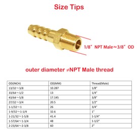 JoyTube 5 Pcs Hose Barb Fittings 3/8" Barb to 1/8" NPT Male Thread Brass Metals Adapter connector with Hose Clamp