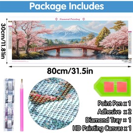 Reofrey Large Diamond Art Kits for Adults Sakura, 30x80cm/12x31.5inch Full Drill Round Rhinestone Big Diamond Painting Kit Landscape, DIY Cross Stitch Embroidery Canvas for Crafts Home Wall Decor