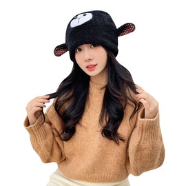 Cute Sheep Ear Winter Skull Beanie Hat Warm Thick Plush Lamb Wool Bonnet Cap for Women Girls Black