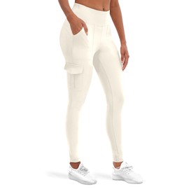 VOOVEEYA High Waisted Workout Leggings with Pockets, Yoga Cargo Pants for Women Tummy Control 28"（Beige M）