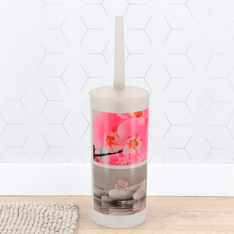 Orchid Print Plastic Toilet Brush and Holder Set