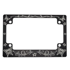 Women's Black and White Butterfly Motorcycle License Plate Frame – Decorative Matte Black Tag Frame with 4 Screws – Stylish License Plate Accessory for Motorcycles