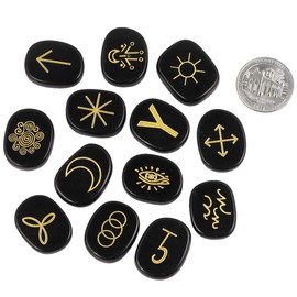 mookaitedecor 13pcs Black Obsidian Witches Runes Set, Reiki Stones Engraved Gypsy Symbol, Healing Crystal Palm Stone for Meditation Divination Spiritual Wiccan Gifts Witchcraft Altar Decor