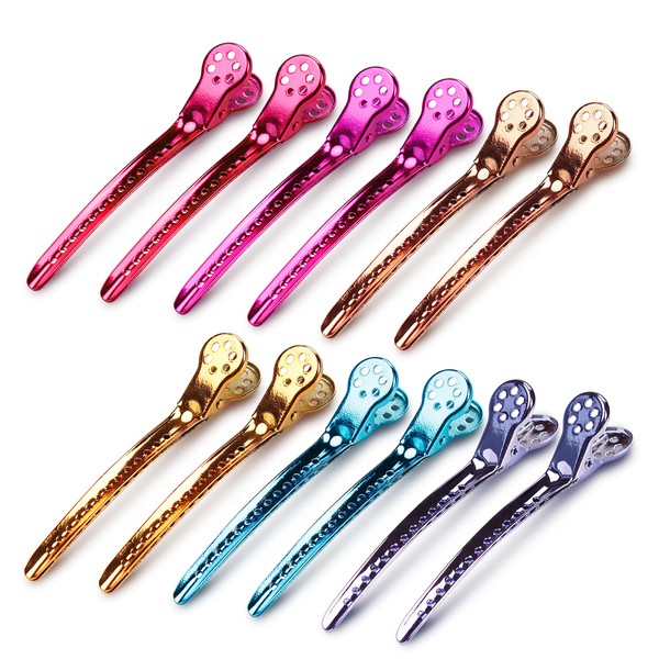 Beayuer Duck Billed Hair Clips Hair Styling Clips with Holes Metal Hair Pins Colorful Color Professional Sectioning Hair Clip for Professional Salon and Women Girls DIY Accessories Hairpins (12 Pcs)