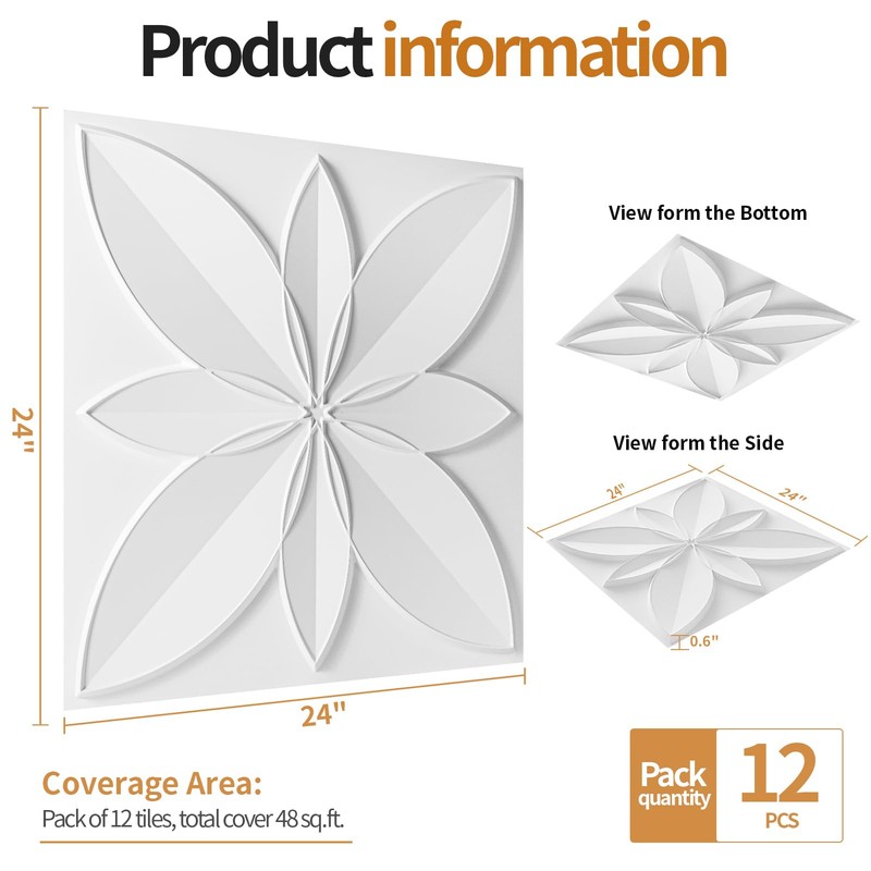 WOWSTAR 12-Pack 24"x24" Drop Ceiling Tiles, Waterproof Glue Up Ceiling
