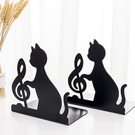 Decorative Art Bookends Cute Cat Playing Music Nonslip Book Ends Supports Book Organizer Heavy Duty Iron Book Stands Stoppers Office School Library Animal Music Note Black Metal Book Holders Racks
