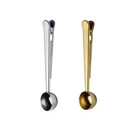 Stainless Steel Coffee Scoop Clip, 2PCS Stainless Steel Coffee Measuring Spoon with Sealed Bag Holder for Tea, Coffee Beans, Protein Powder, Instant Drink (Silver, Gold)