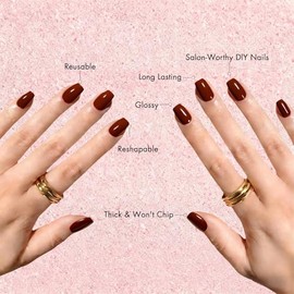 Uñas postizas de gel suave, color rojo cereza oscuro, cortas, cuadradas, brillantes, de cobertura completa, con pegamento, reutilizables, fáciles de a