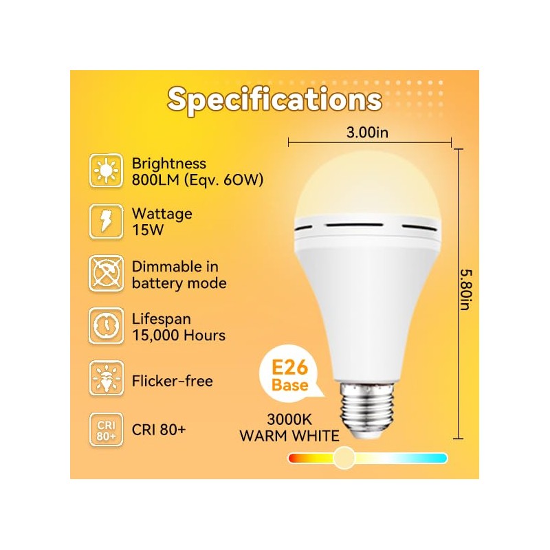 Emergency-Rechargeable-Light-Bulb, Stay Lights Up When Power Failure, 1200mAh15W 80W Equivalent