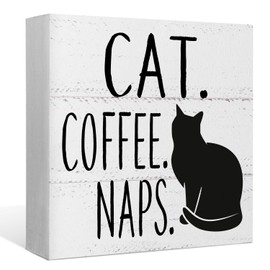 Cat & Coffee Nap Desk Sign, Rustic Wooden Block Decor for Home, Kitchen, Office - Funny Black Cat Theme