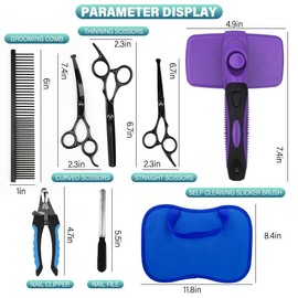 Zimpty 7 Pieces Professional Grooming Scissors Kit with Curved, Thinning, Straight Scissors, Nail Clipper, Nail File and Pet Hair Removal Comb for Pet Dogs & Cats