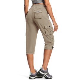 ISEEGZ Women's Cargo Capri Pants High Waist with Butt Lifting Pockets Lightweight Comfortable Perfect for Outdoor Travel Khaki