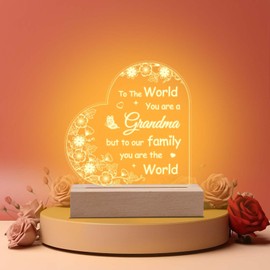 LAMEK Gifts for Grandma Night Light Heart Shape Acrylic Engraved Night Light with Wooden Base Grandma Gifts from Grandson Granddaughter Grandma Birthday Gifts