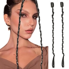 Ouliget Braid Hair Extensions,DIY Braid Ponytail Extension Bangs Hair Clip,Braided Decorative Clip Rings Hair Jewelry Set for Daily Use Party Styling.2 Pieces (Bead chain decoration black)