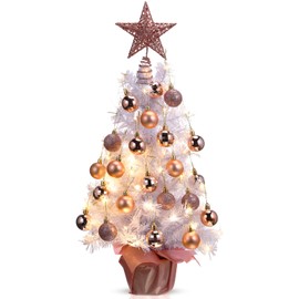 24 Inch Tabletop Mini Christmas Tree Set with Led Lights, 24 Christmas Ball Ornaments, Pre-Lit Mini Artificial Tree Decoration for Xmas Table Indoor Holiday(Rose Gold, White Tree)