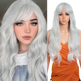 26 Inch Long Wavy Wigs for Women Black Wig with Bangs Ombre Brown Wig with Dark Roots Long Layered Wig Heat Resistant Synthetic Wig Natural Looking Wigs for Daily Party Use(T-GREY 31)