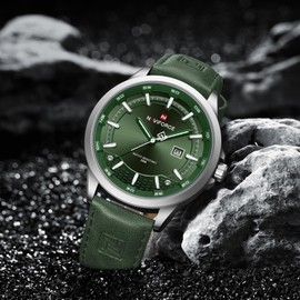NAVIFORCE Mens Minimalist Waterproof Quartz Leather Strap Watches with Auto Date (Silver Green)