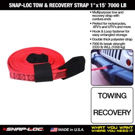 Tow & Recovery Strap 1"x15' 7,000 lb (USA!) with Hook & Loop Storage Fastener