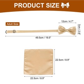 sourcing map Bow Tie for Men, Adjustable Bow Ties with Pocket Square Solid Color Triple Fold Pre-tied Bow Ties Sets for Wedding, Parties, Dinner, and Business (Champagne Gold)